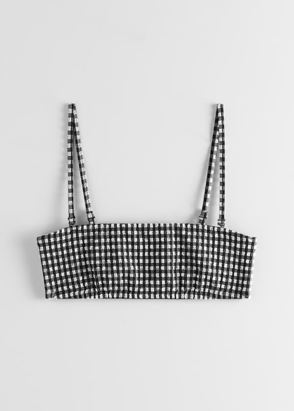 StillLife Front Image of Stories Seersucker Bandeau Bikini Top in Black