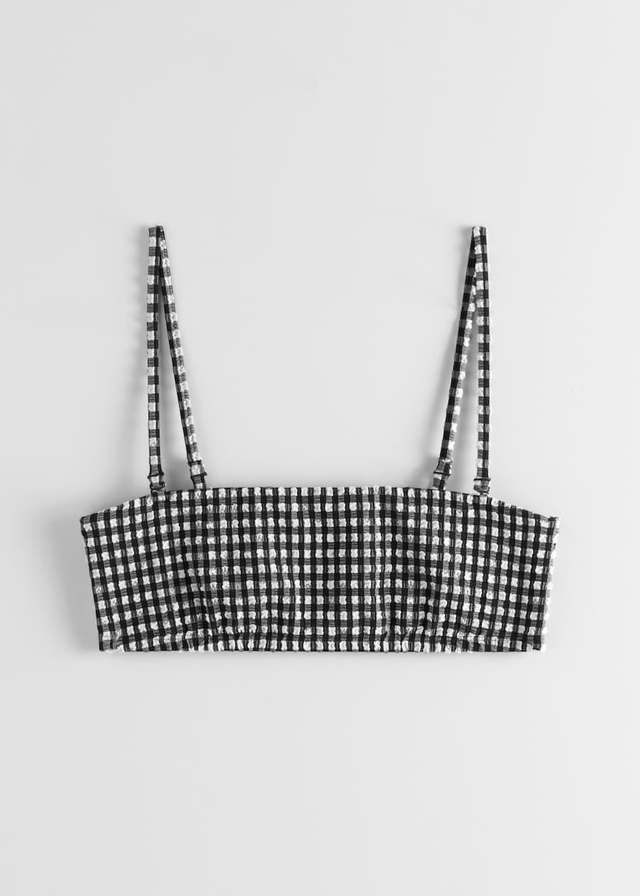 StillLife Front Image of Stories Seersucker Bandeau Bikini Top in Black