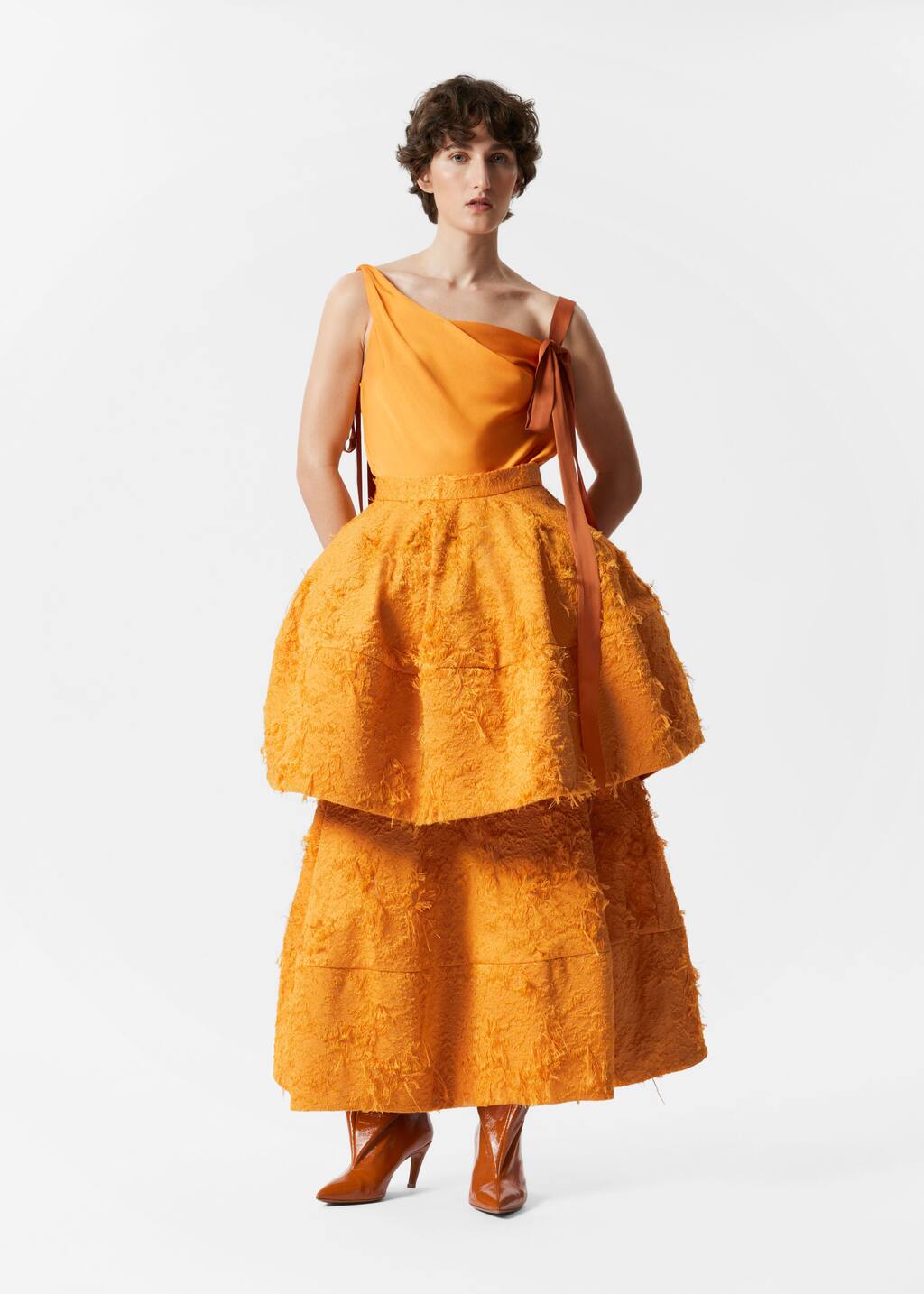 Voluminous Ruffle Midi Skirt - Orange - Midi skirts