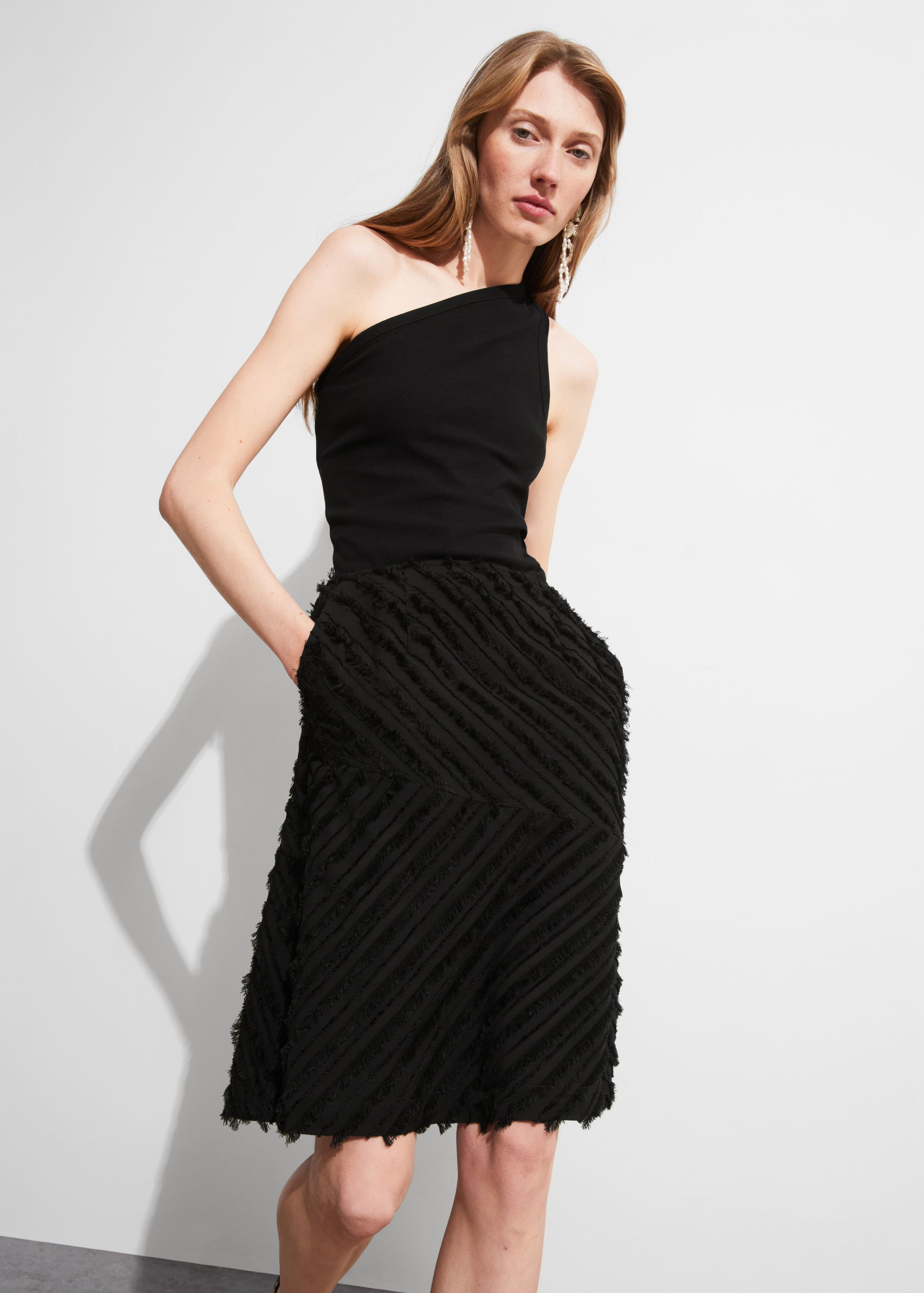 Textured Pencil Midi Skirt - Black - Lookbook