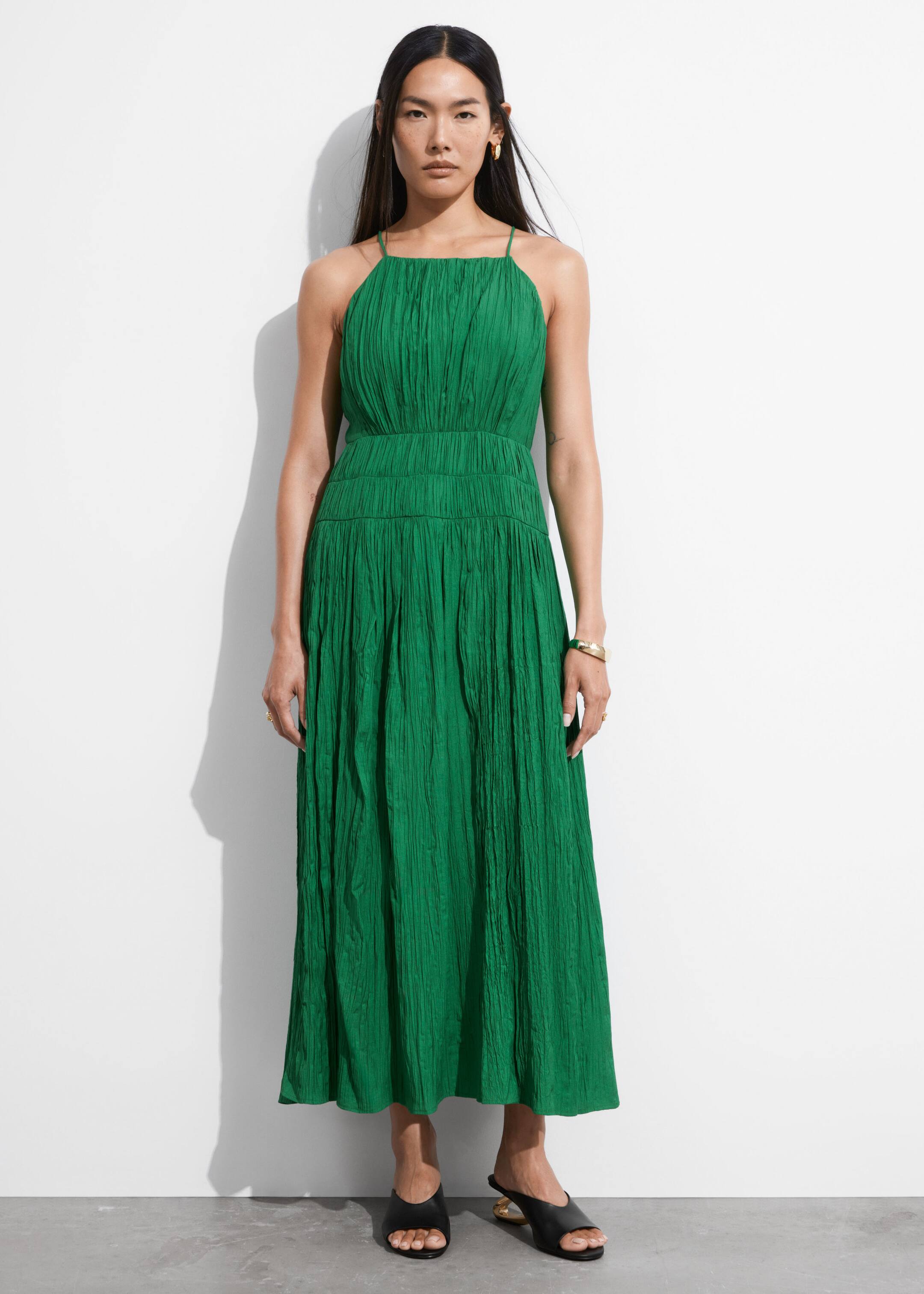 Shirred Sleeveless Midi Dress - Green - Lookbook