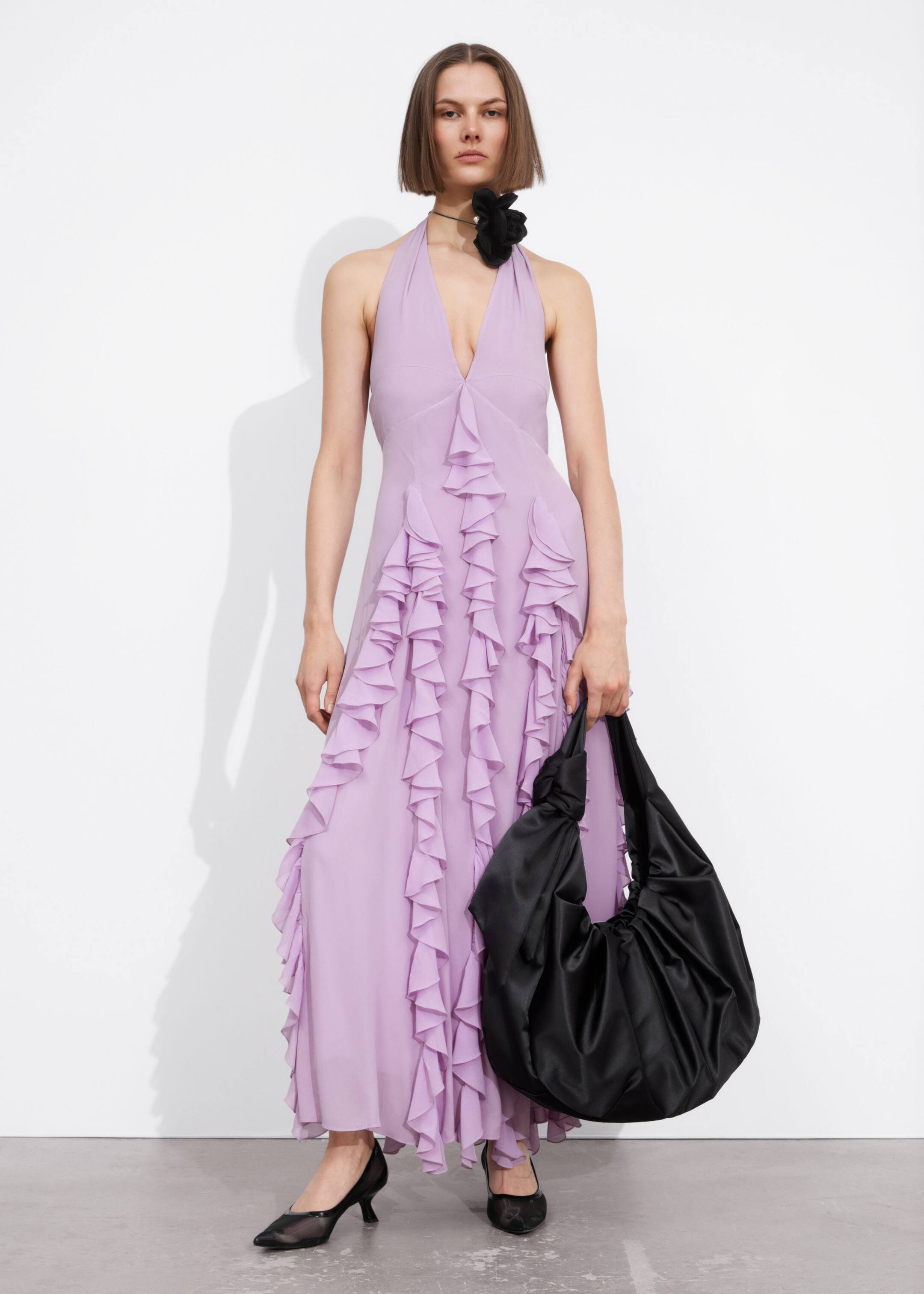 Frilled Halterneck Midi Dress - Lilac - Lookbook