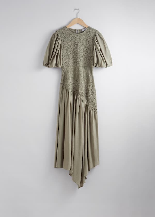 Smocked Asymmetric Midi Dress