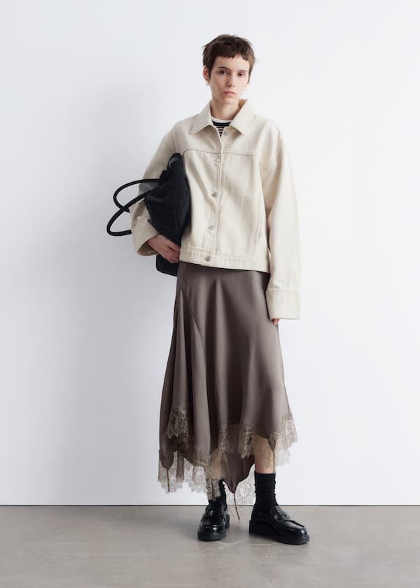 Asymmetrical Lace-Trimmed Midi Skirt
