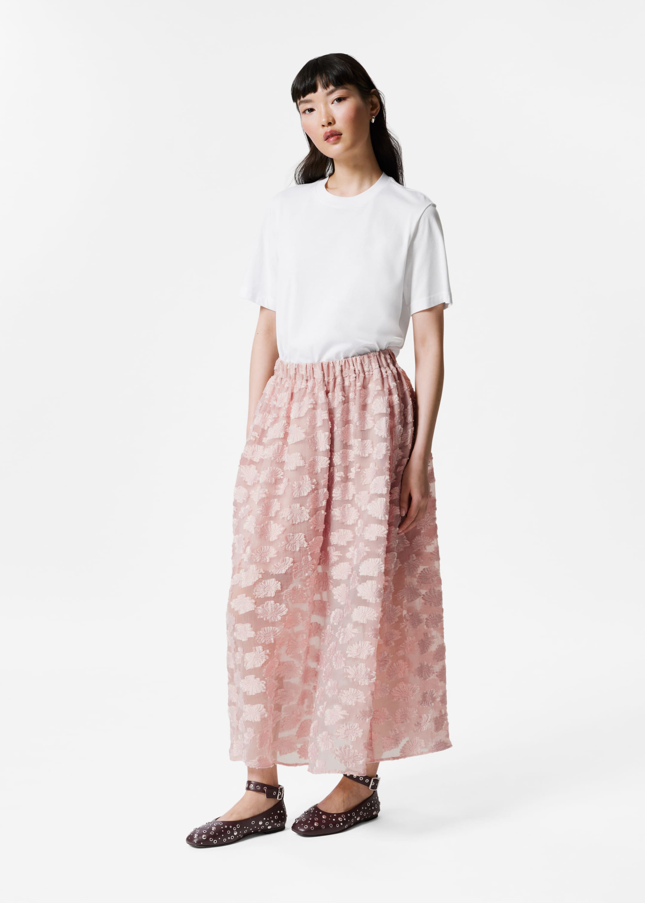 Image of Floral-Appliqué Midi Skirt