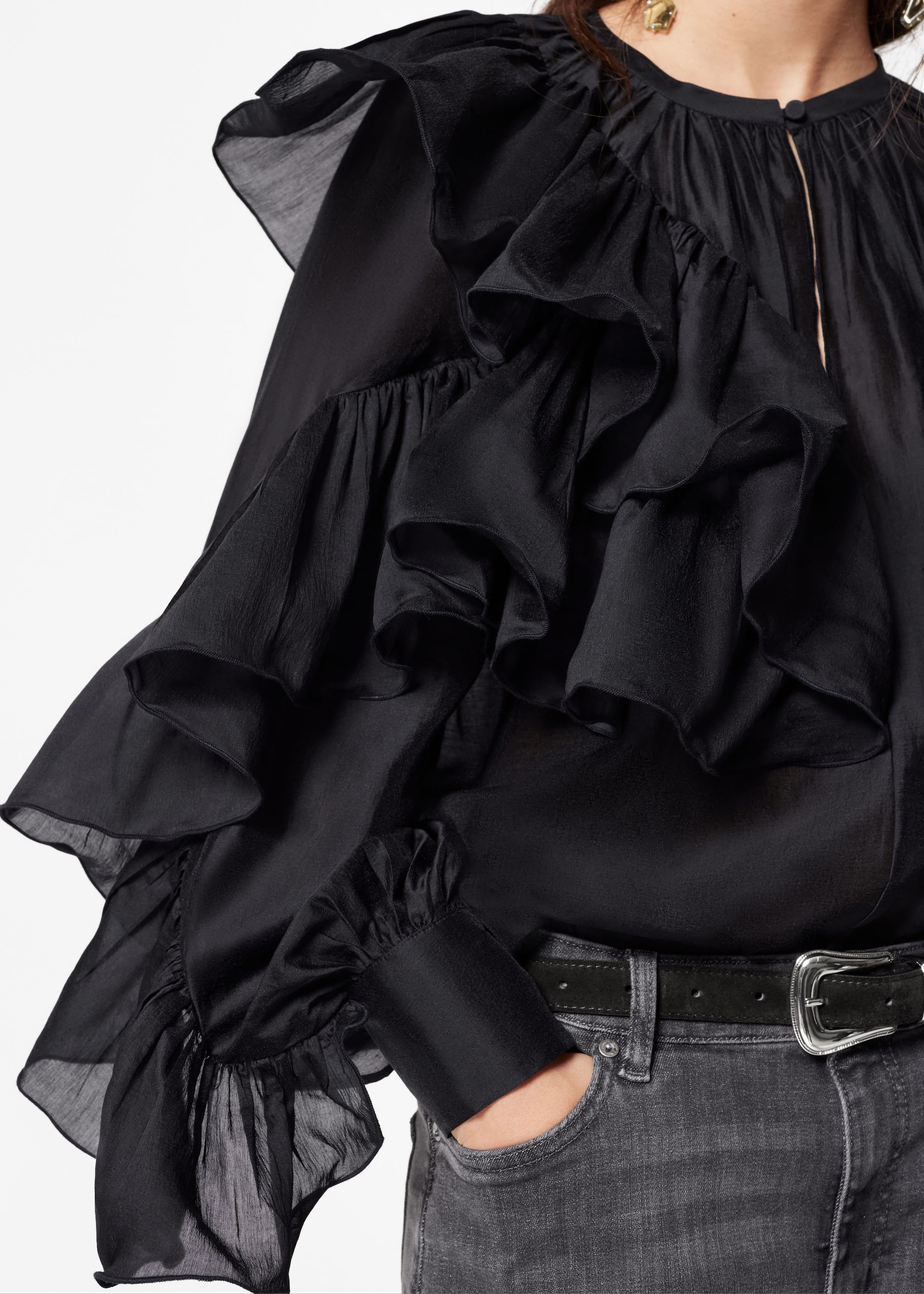 Asymmetric Ruffle Blouse - Black - Lookbook