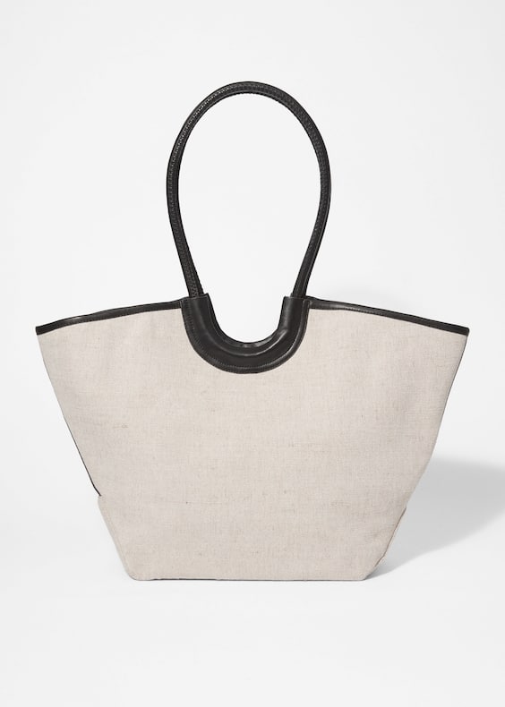 Leather-Detailed Straw Tote Bag