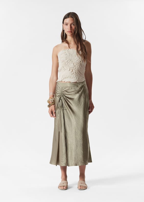 Drawstring Satin Midi Skirt