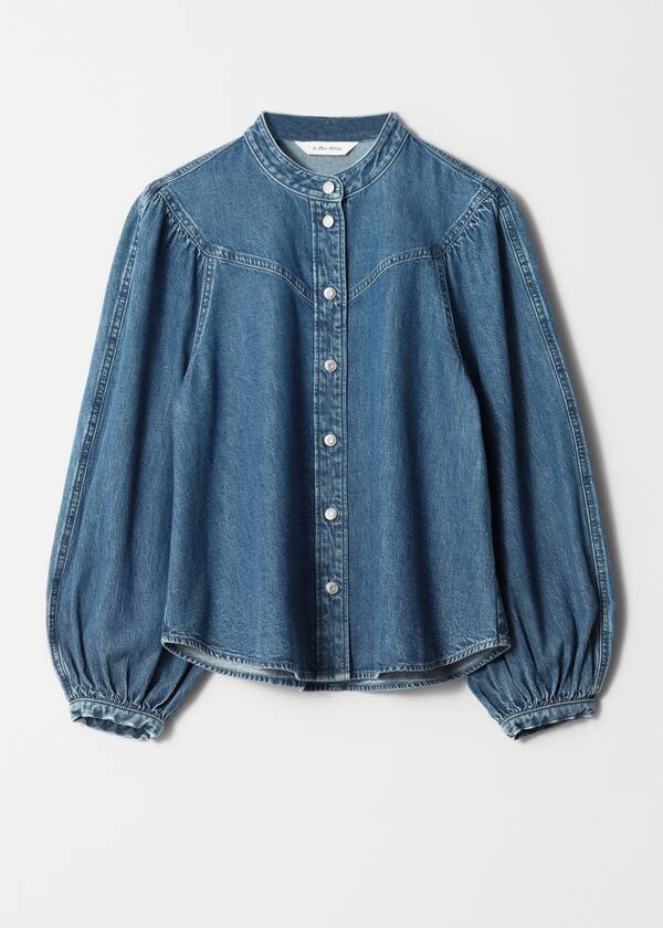 Puff-Sleeve Denim Blouse
