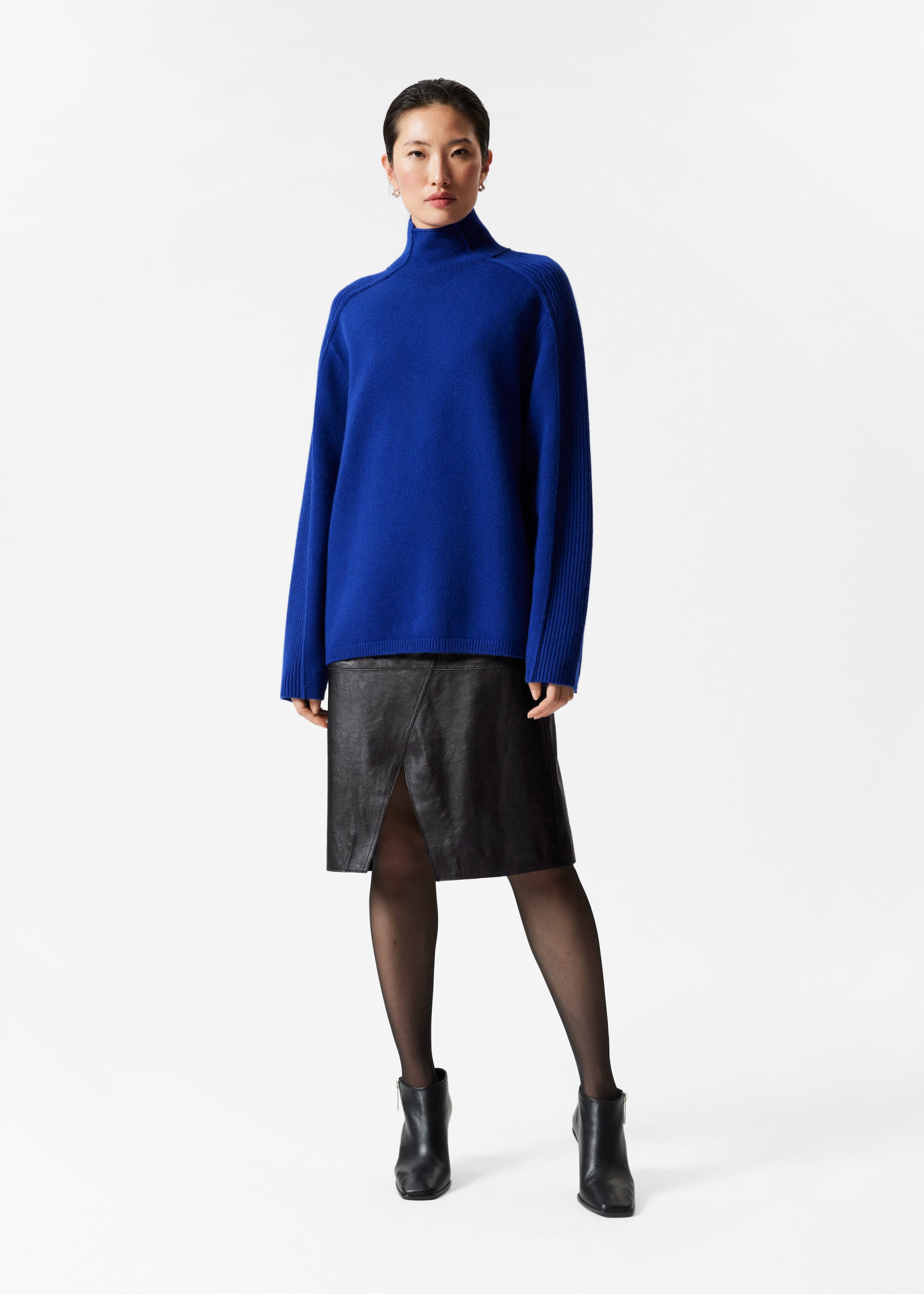 Panelled Wool Turtleneck Jumper - Blue - Lookbook