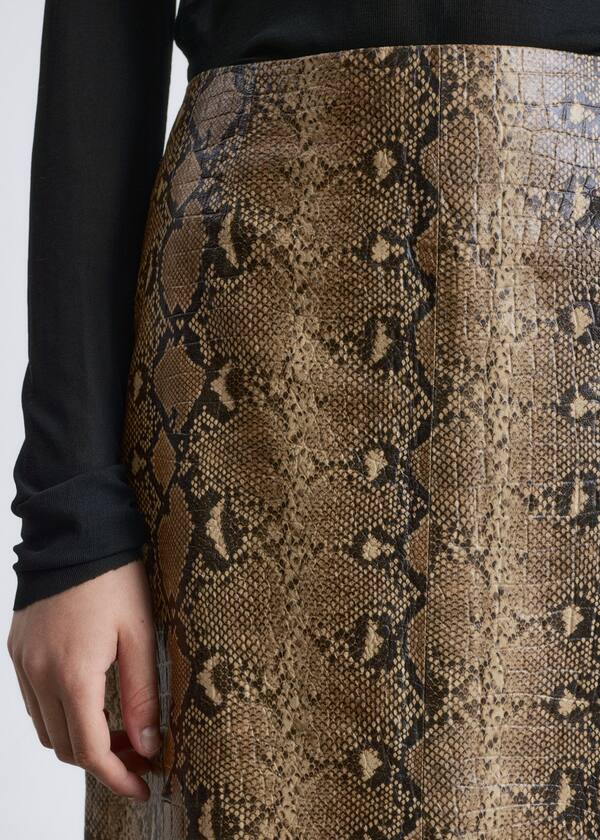 Snake Pattern Leather Midi Skirt