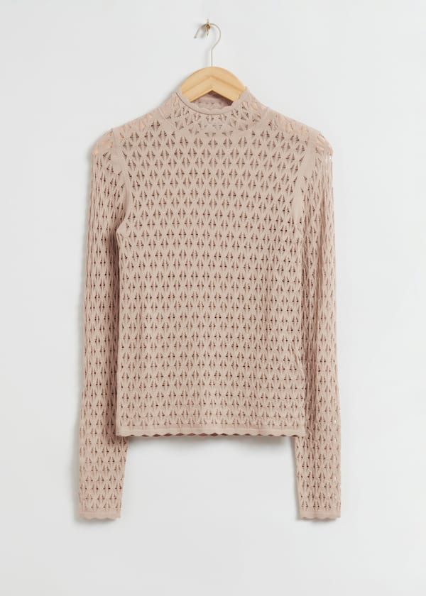 Fitted Pointelle-Knit Scalloped Edge Top