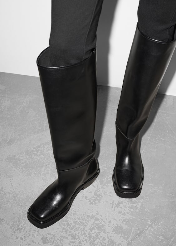 Square-Toe Leather Knee Boots