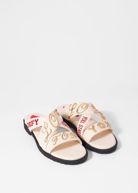 Text-Print Leather Sandals