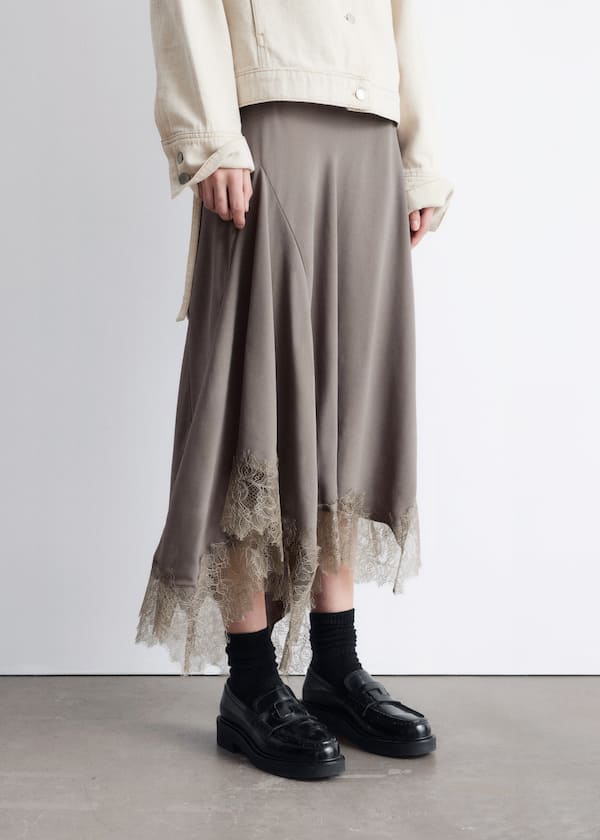 Asymmetrical Lace-Trimmed Midi Skirt