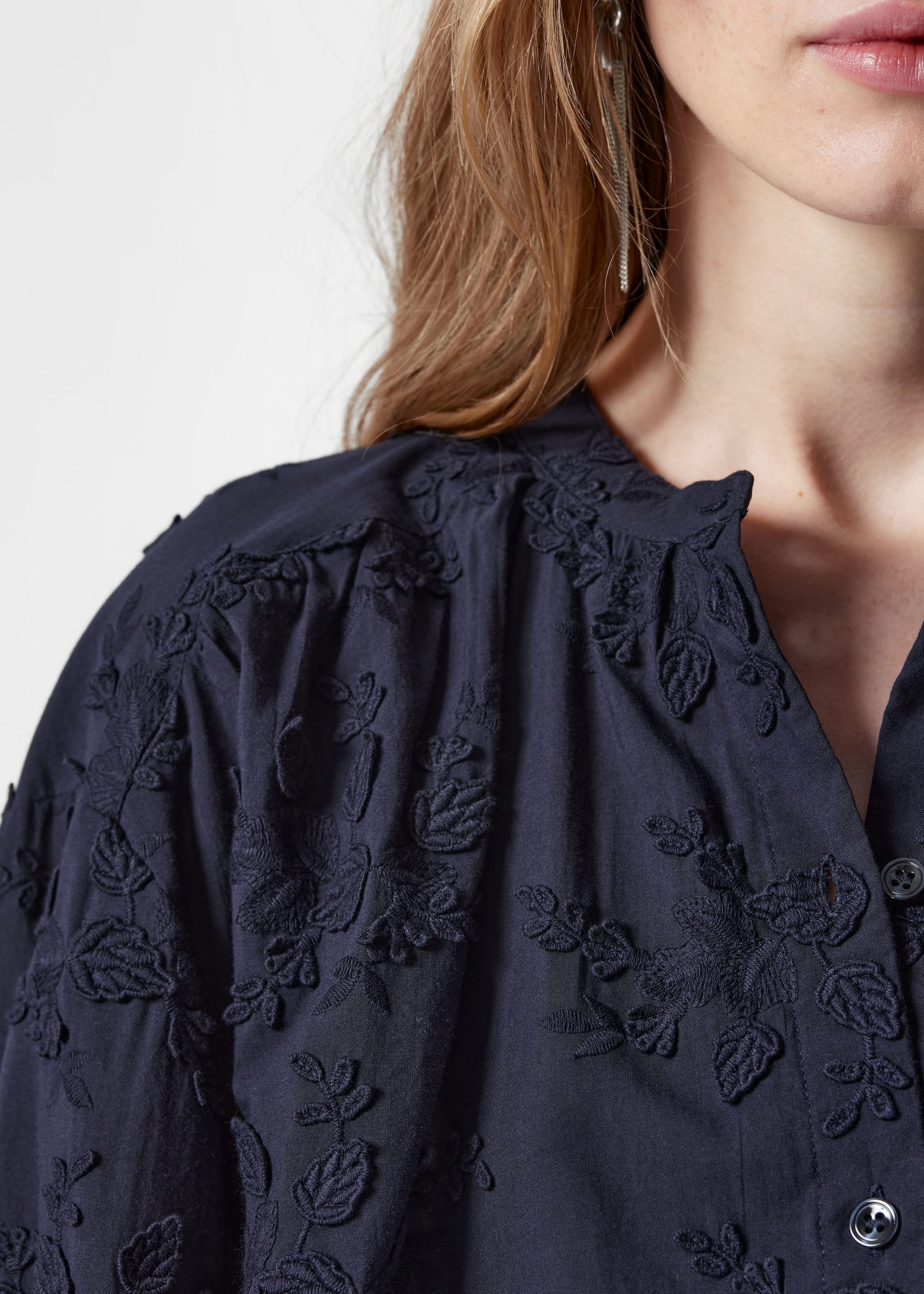 Voluminous Floral-Appliqué Blouse - Black Flower Embroidery - Lookbook