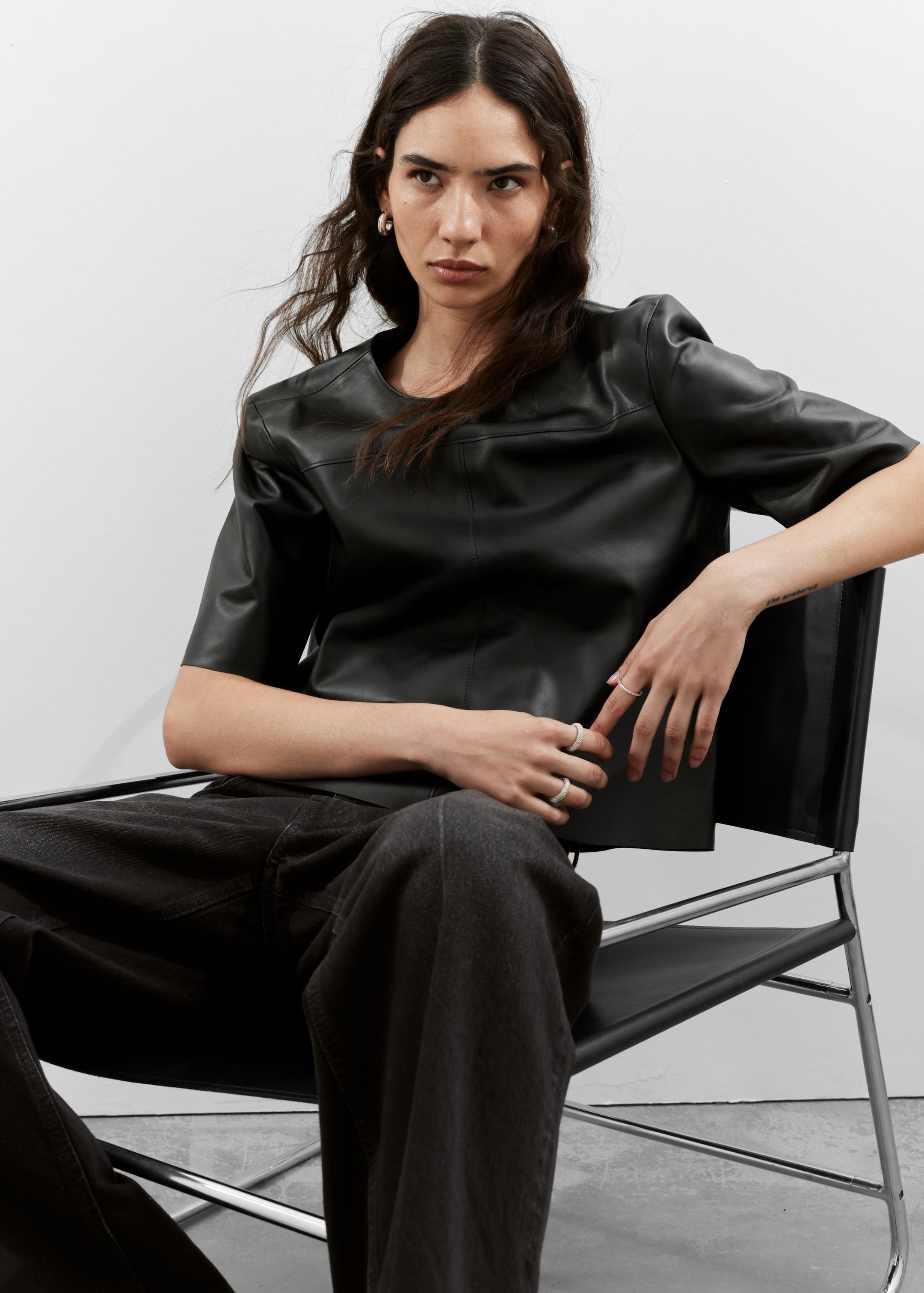 Boxy Leather T-Shirt - Black - Lookbook