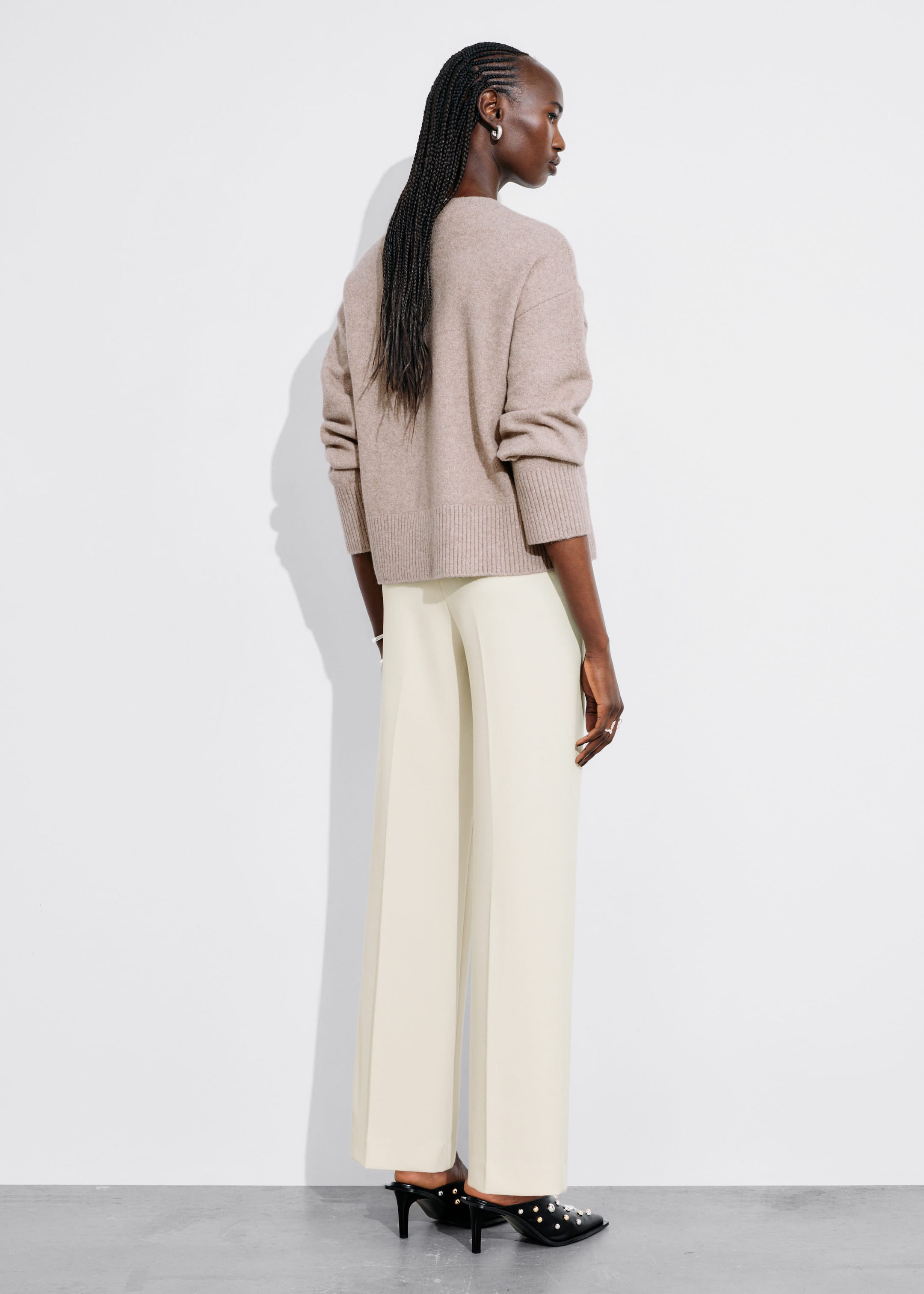 Wide Press-Crease Trousers - Cream - Lookbook