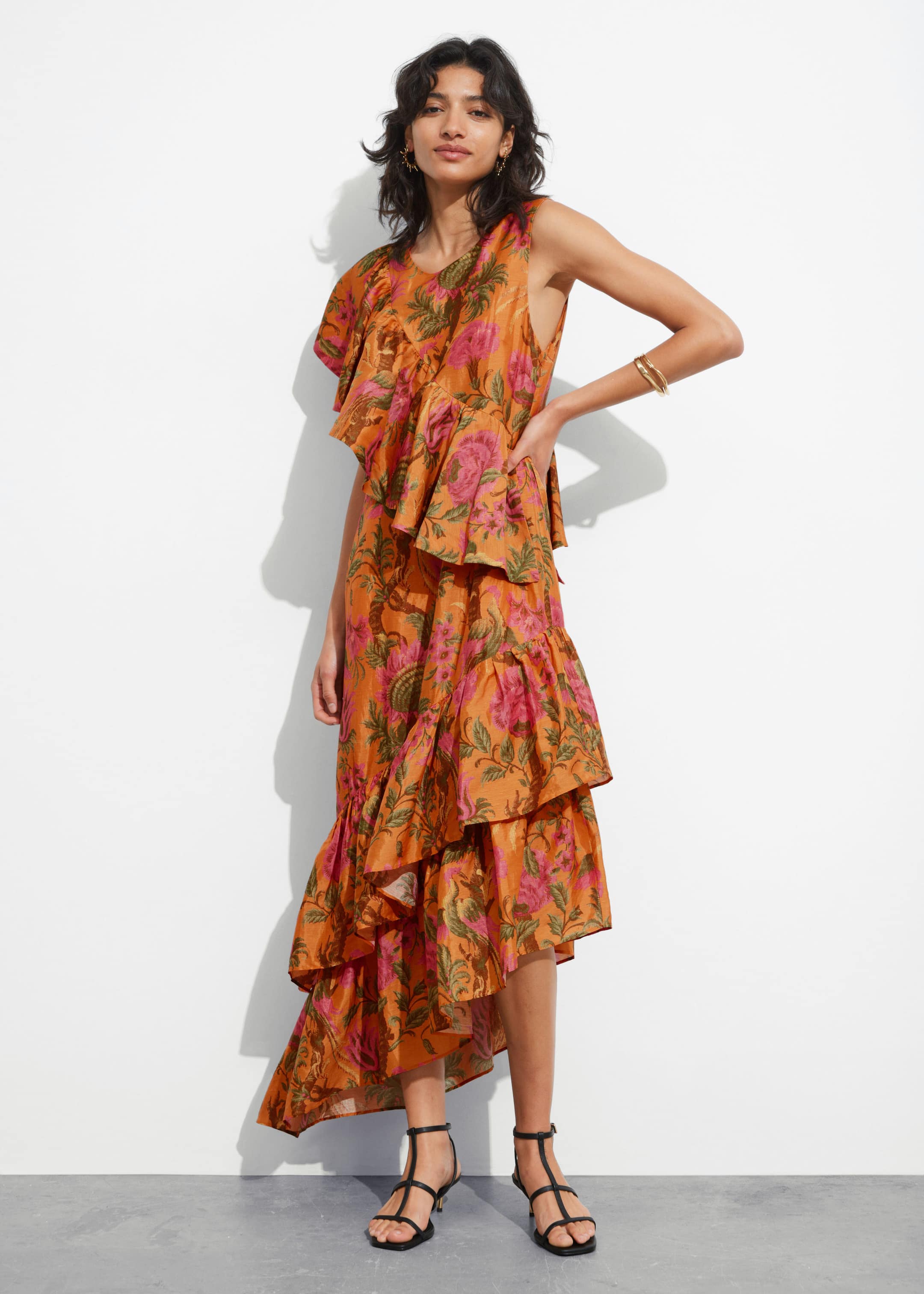 Robe midi à cascade de volants - Imprimé orange - Lookbook