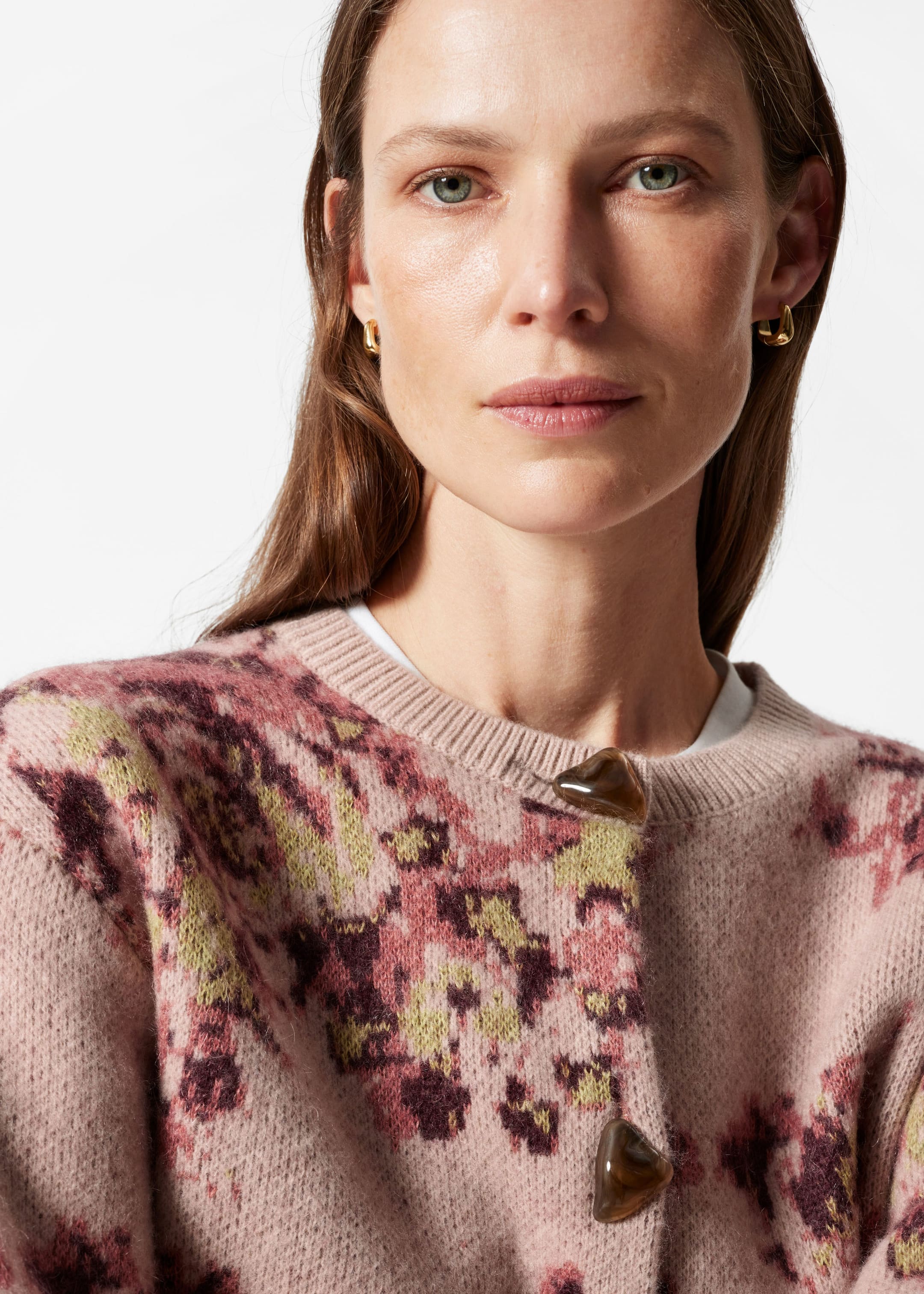 Cardigan en jacquard fleuri - Beige/Rose - Lookbook