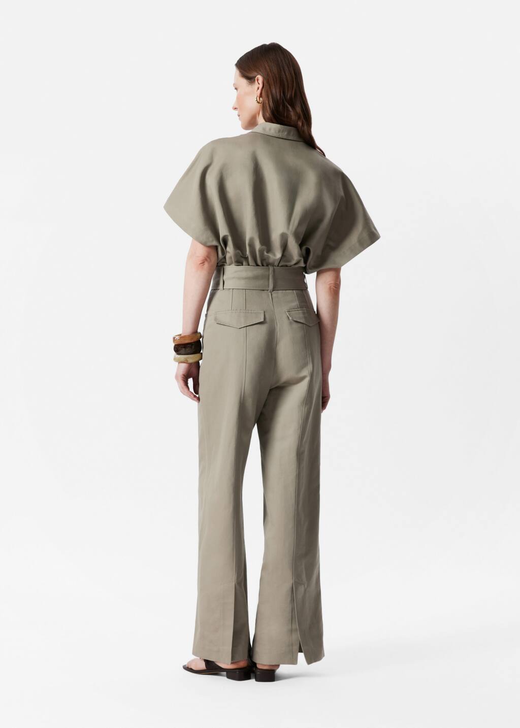 オールインワン・サロペット Cotton-blend Jumpsuit with Belt Details ZARA SATIN EFFECT JUMPSUIT WITH BELT L Long sleeves Olive