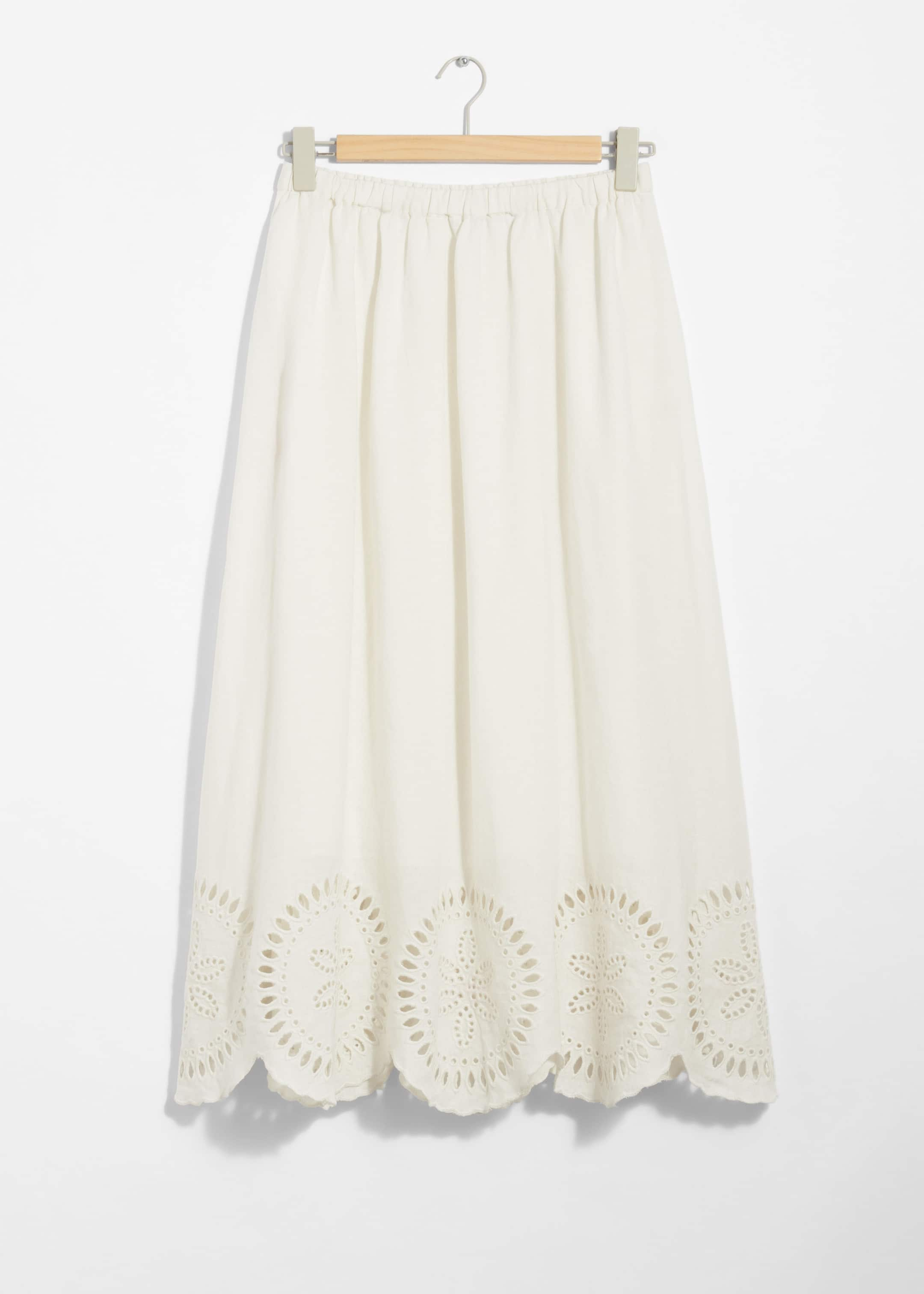 Embroidered Linen Midi Skirt