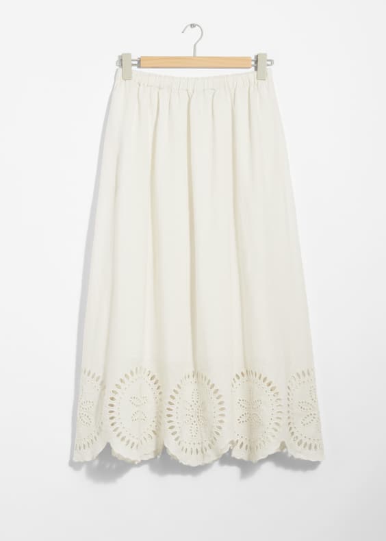 Embroidered Linen Midi Skirt