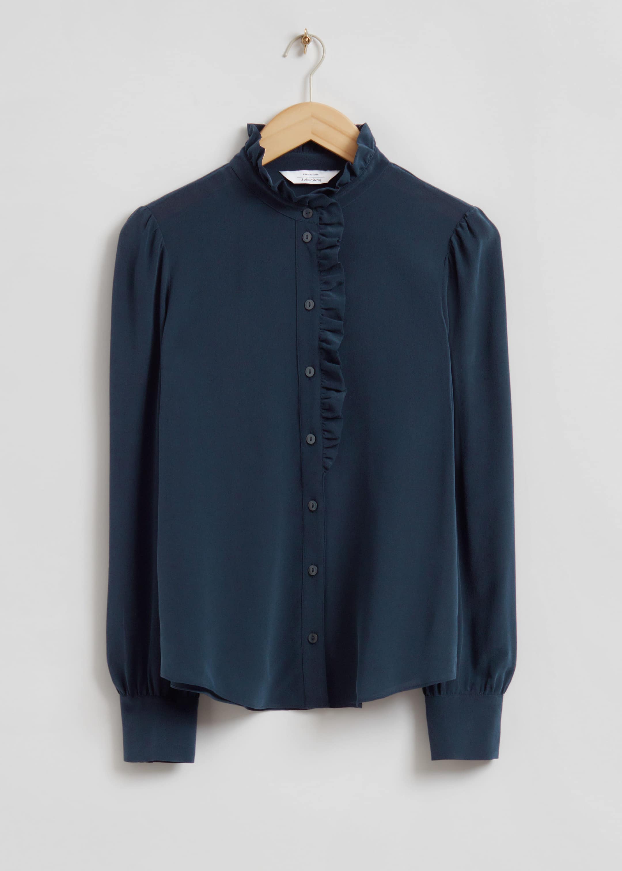 Ruffled Mulberry Silk Blouse - Navy Blue - Still Life