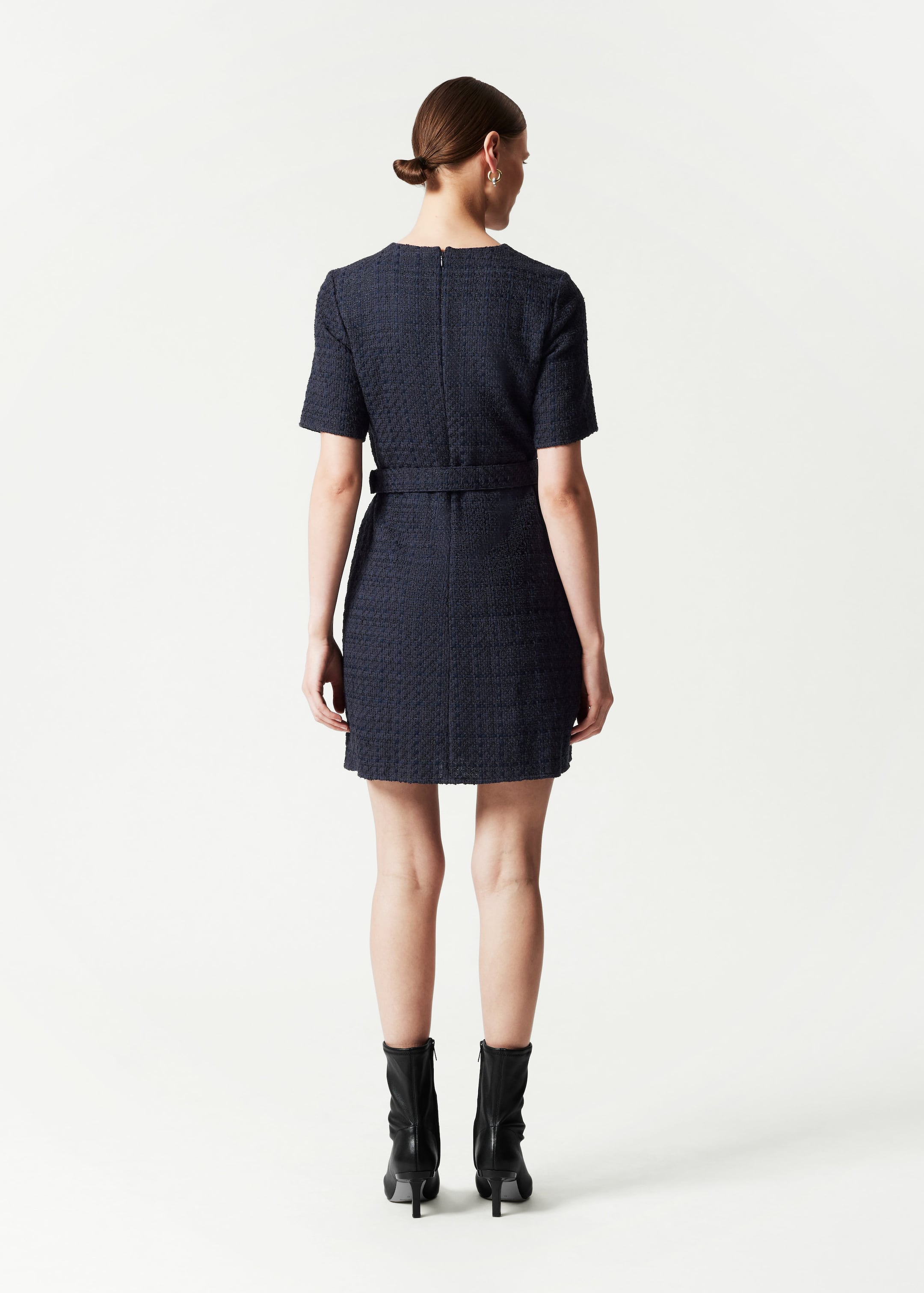 Tweed Belted Mini Dress - Dark Blue Tweed - Lookbook